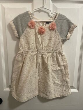 OshKosh B'gosh Cream Lace Dress with Gray Sleeves and Pink Flowers